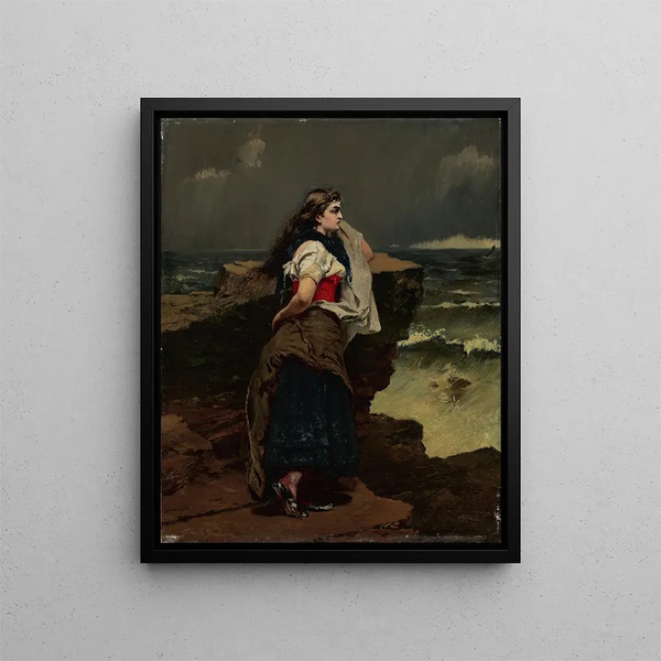 Mädchen beim Fischen am Meer - Frank Buchser — gerahmtes Bild an der Wand