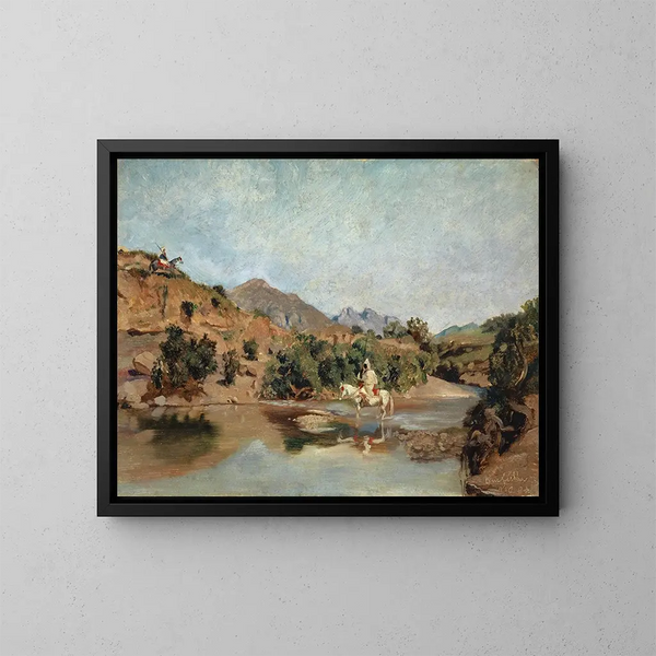 Cavalier marocain traversant le gué à Wad Boswicha - Frank Buchser — gerahmtes Bild an der Wand