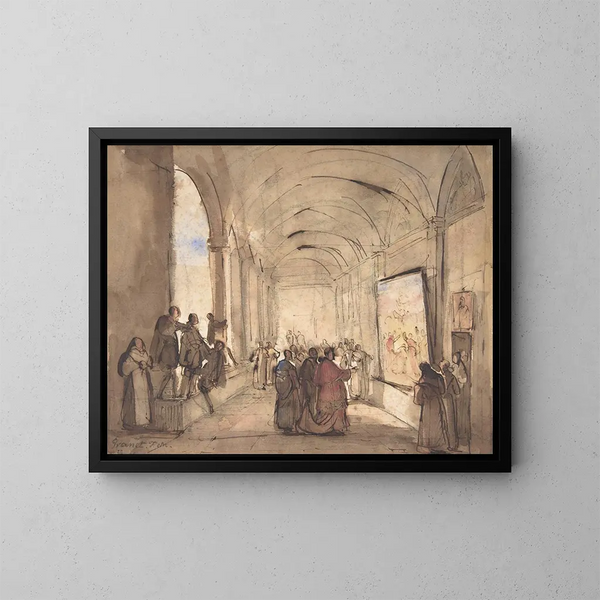 Ein Kardinal, der ein Gemälde in einem Kloster betrachtet - François-Marius Granet — gerahmtes Bild an der Wand