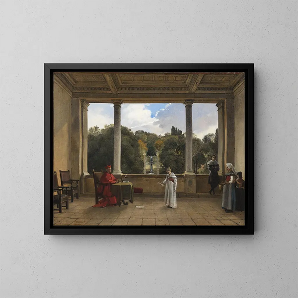 Publikum mit Kardinal Aldobrandini in der Loggia der Villa Belvédère in Frascati - François-Marius Granet — gerahmtes Bild an der Wand