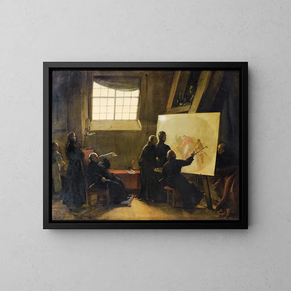 Der Vater Pozzo beim Malen in seinem Atelier, umgeben von Mönchen seines Ordens - François-Marius Granet — gerahmtes Bild an der Wand
