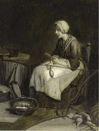FranoisXavier Vispr - A scullery maid peeling potatoes with trompe lil broken glass.webp