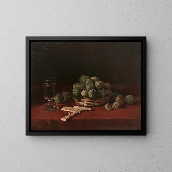 Komposition im Korb mit Mirabellen, Keksen und Weinglas - François Bonvin — gerahmtes Bild an der Wand