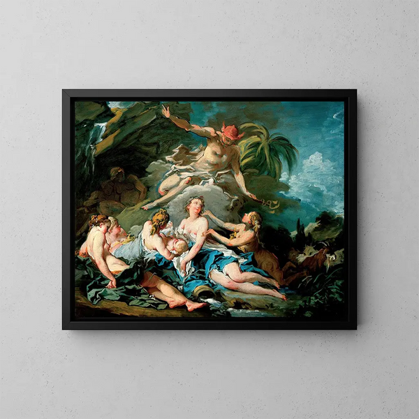 Merkur, der das Kind Bacchus den Nymphen von Nysa vertraut - François Boucher — gerahmtes Bild an der Wand