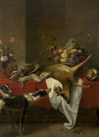 Frans Snyders - Game fruit basket and vase of flowers on a table.webp