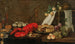 Ein Hummer, Austern, ein Gebäck, gemischte Früchte und gefüllte Weingläser auf einem teilweise drapierten Tisch - Frans Ykens — Ansicht des Kunstwerks
