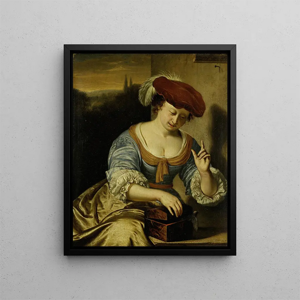 L'oiseau échappé, Allegorie der Keuschheit - Frans van Mieris der Ältere — gerahmtes Bild an der Wand