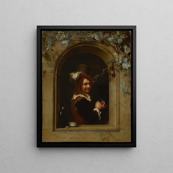 Mann mit Pfeife am Fenster - Frans van Mieris der Ältere — gerahmtes Bild an der Wand