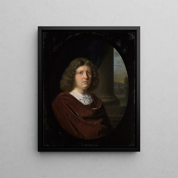 Portrait eines Gentlemans im roten Mantel - Frans van Mieris der Ältere — gerahmtes Bild an der Wand