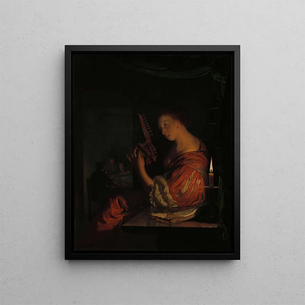 Frau, die eine Laute spielt - Frans van Mieris der Ältere — gerahmtes Bild an der Wand