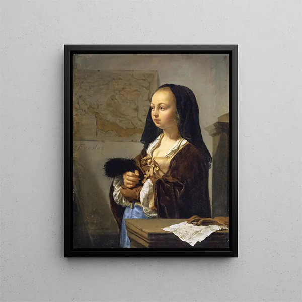 Junge Frau mit einem Federfächer, bereit zum Ausgehen - Frans van Mieris der Ältere — gerahmtes Bild an der Wand