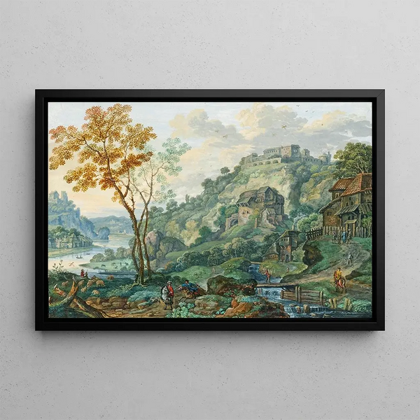 Franz Christoph Janneck - An ideal landscape with a river a fortress and horsemen.webp