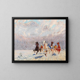 Schlittenrennen im Winter - Franz Hienl-Merre — gerahmtes Bild an der Wand
