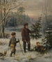 Weihnachtsvorbereitungen, ein Vater und sein Sohn schneiden einen Weihnachtsbaum im Winterwald - Franz Krüger — Ansicht des Kunstwerks