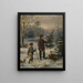 Weihnachtsvorbereitungen, ein Vater und sein Sohn schneiden einen Weihnachtsbaum im Winterwald - Franz Krüger — gerahmtes Bild an der Wand