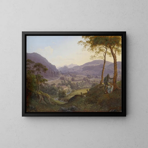 Landschaft mit Bergen bei Salzburg mit einem jungen Paar - Franz Ludwig Catel — gerahmtes Bild an der Wand