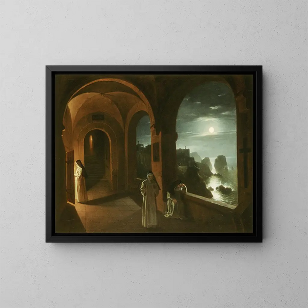 Nonnen im Kloster der Certosa mit Blick auf ein vom Mond erleuchtetes Meer bei den Faraglioni von Capri - Franz Ludwig Catel — gerahmtes Bild an der Wand