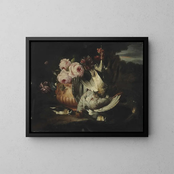 Blumen in einer Terrakotta-Vase mit totem Wild - Franz Werner von Tamm — gerahmtes Bild an der Wand