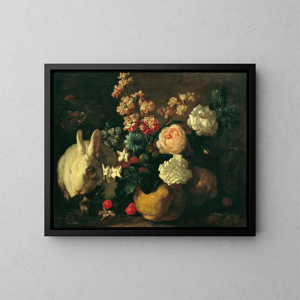 Naturstillleben mit Kaninchen, Blumen und Früchten - Franz Werner von Tamm — gerahmtes Bild an der Wand
