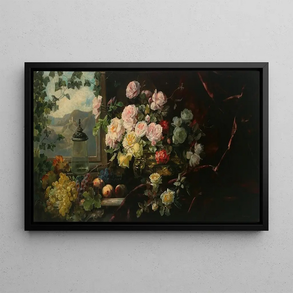 Franz Xaver Birkinger - A Rich Bouquet of Flowers in a Brass Pot and Grapes before a Red Curtain.webp