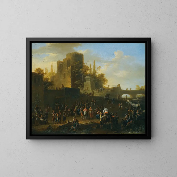 Eine Kirmes mit Dorfbewohnern in der Nähe der Ruinen - Franz de Paula Ferg — gerahmtes Bild an der Wand