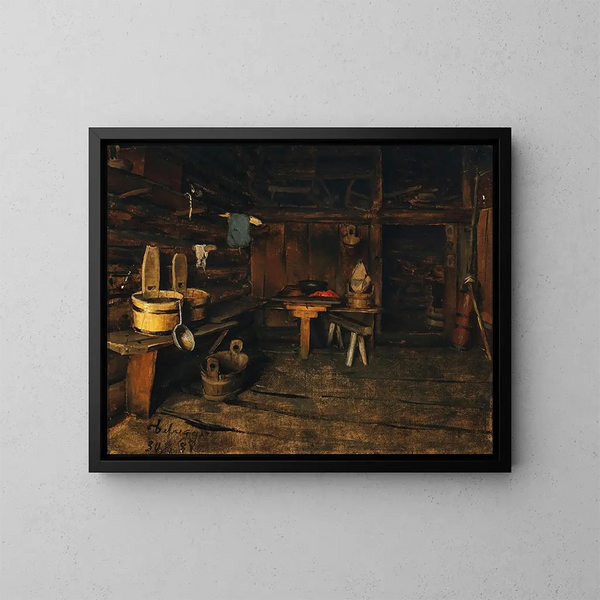 Innenansicht einer Alpenhütte - Franz von Defregger — gerahmtes Bild an der Wand
