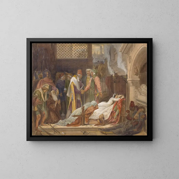 Die Versöhnung der Montaigu und Capulet - Frederic Leighton — gerahmtes Bild an der Wand