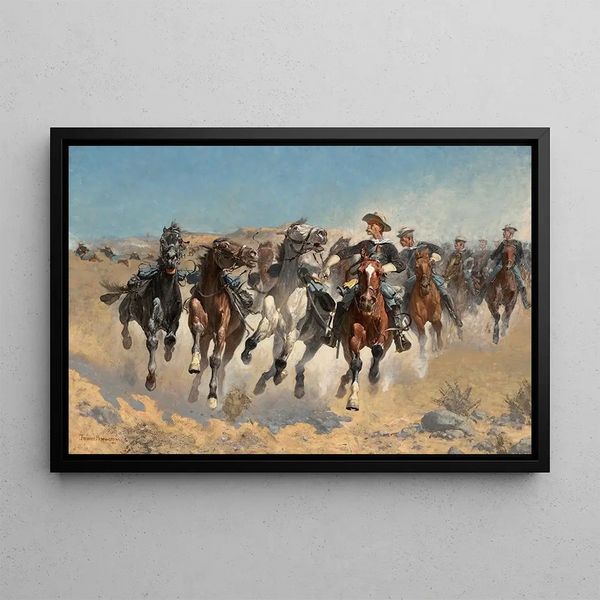 Demontiert, die vierten Reiter bewegen die Pferde - Frederic Remington — gerahmtes Bild an der Wand