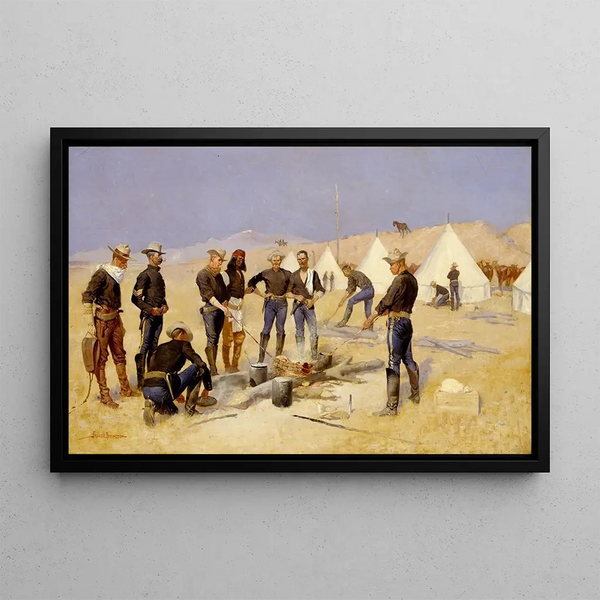 Rôtir le bœuf de Noël dans un camp de cavalerie - Frederic Remington — gerahmtes Bild an der Wand