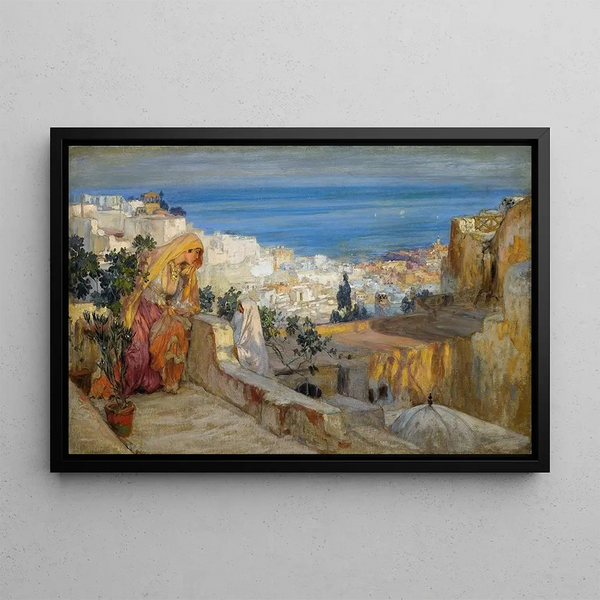 Frauen Araber auf einem Dach mit Algier im Hintergrund - Frederick Arthur Bridgman — gerahmtes Bild an der Wand
