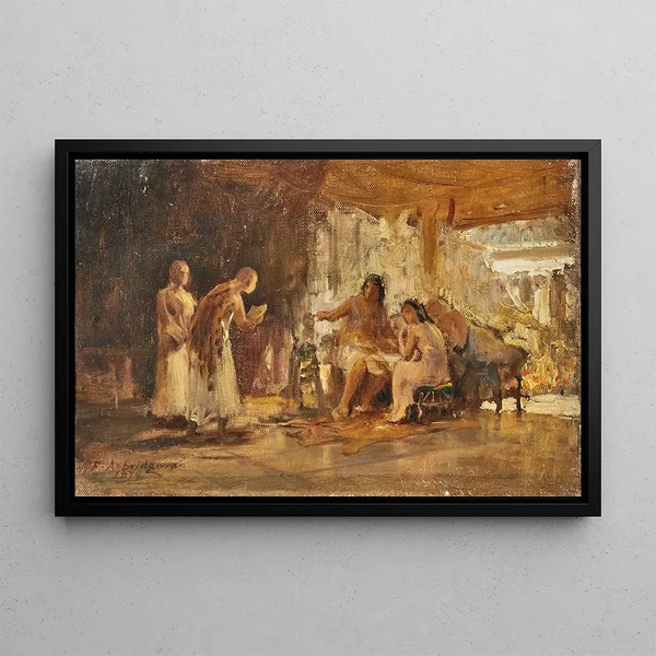 Studie einer Gruppe in einem Interieur - Frederick Arthur Bridgman — gerahmtes Bild an der Wand