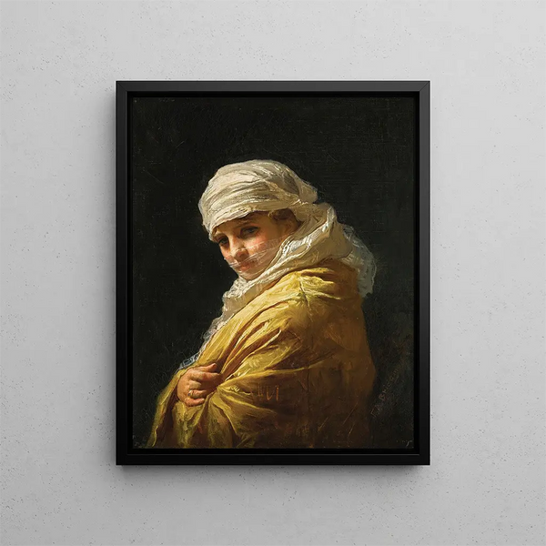 Junge Frau mit weißem Turban - Frederick Arthur Bridgman — gerahmtes Bild an der Wand