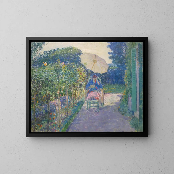 Frau sitzend in einem Garten - Frederick Carl Frieseke — gerahmtes Bild an der Wand