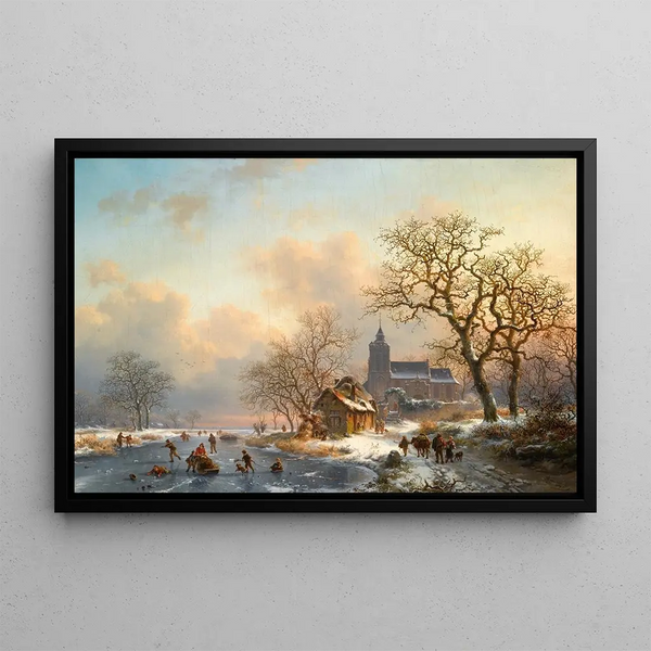 Winterlandschaft mit Schlittschuhläufern auf einem gefrorenen Fluss - Frederik Marinus Kruseman — gerahmtes Bild an der Wand