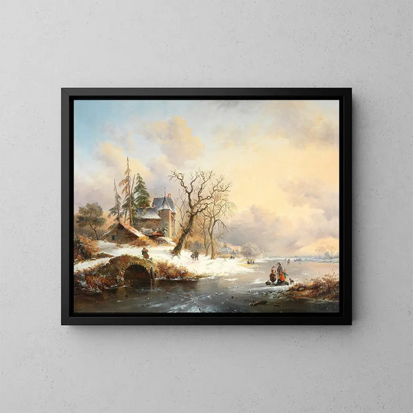 Winterlandschaft mit Figuren in der Nähe eines Herrenhauses - Frederik Marinus Kruseman — gerahmtes Bild an der Wand