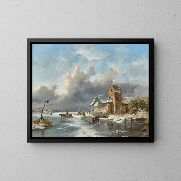 Winterlandschaft mit Figuren auf einem gefrorenen Fluss - Frederik Marinus Kruseman — gerahmtes Bild an der Wand