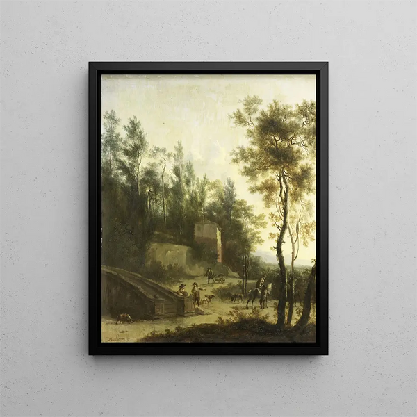 Frederik de Moucheron - Italian Landscape with Hunters.webp