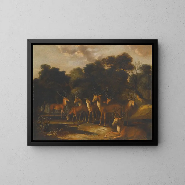 Hirsch stehend in einer Lichtung in der Nähe eines Wasserlochs - Französische Schule — gerahmtes Bild an der Wand