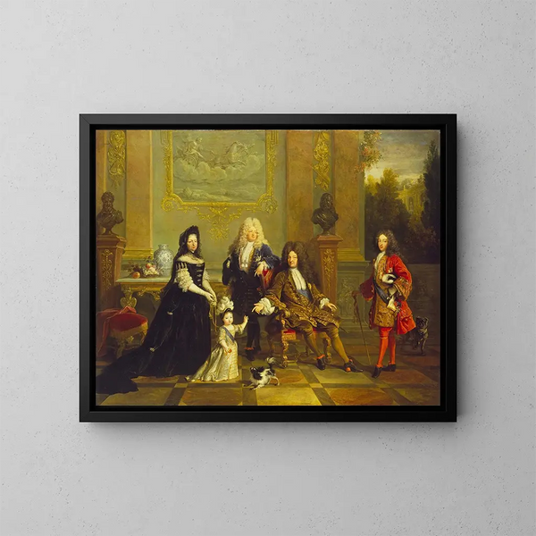 Madame de Ventadour mit Ludwig XIV. und seinen Erben - Französische Schule — gerahmtes Bild an der Wand