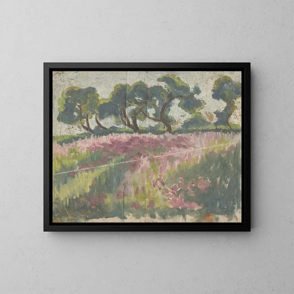 Prairie en fleurs avec des arbres - Frida Konstantin — gerahmtes Bild an der Wand