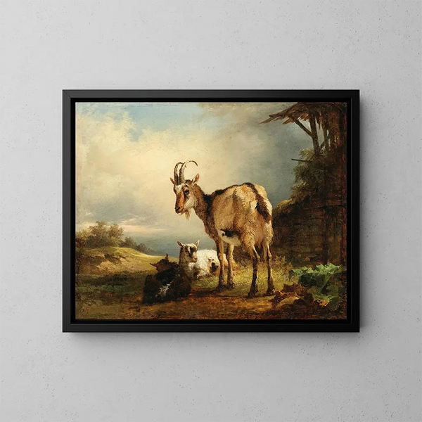 Eine Ziege mit zwei Ziegenkälbern - Friedrich August Matthias Gauermann — gerahmtes Bild an der Wand