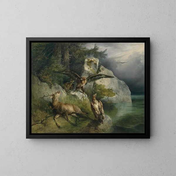 Adler und sterbender Hirsch - Friedrich August Matthias Gauermann — gerahmtes Bild an der Wand