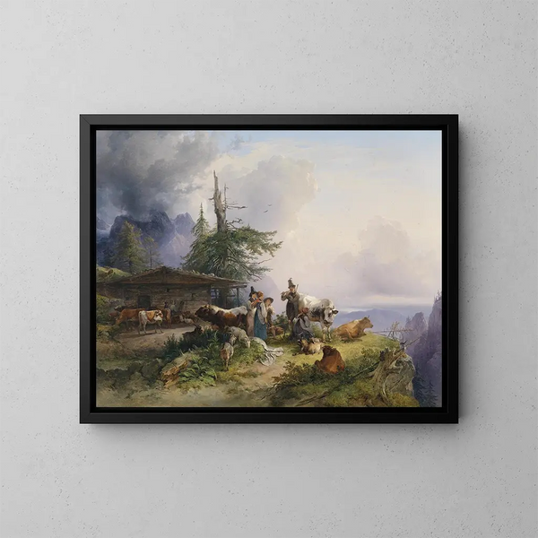 Alpenwirtschaft am Untersberg - Friedrich August Matthias Gauermann — gerahmtes Bild an der Wand