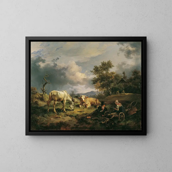 Junges Bauernpaar, das sich im Feld ausruht - Friedrich August Matthias Gauermann — gerahmtes Bild an der Wand