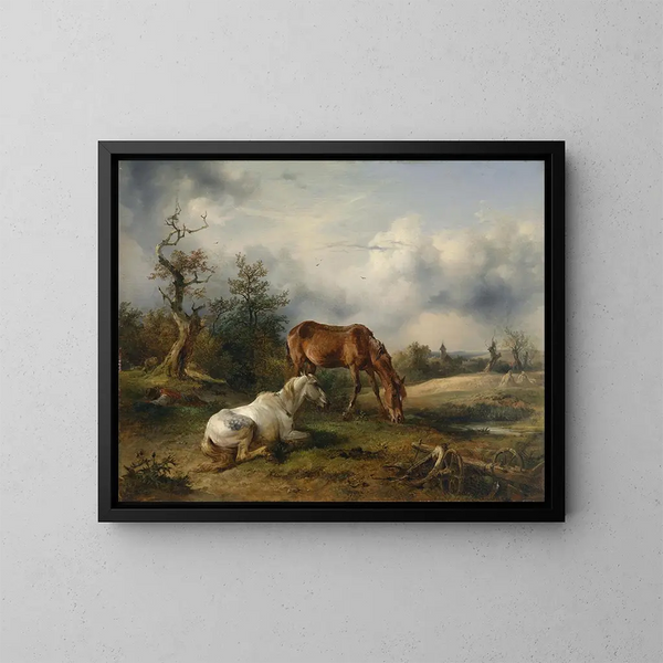Pferd und Fuchs auf der Wiese - Friedrich August Matthias Gauermann — gerahmtes Bild an der Wand