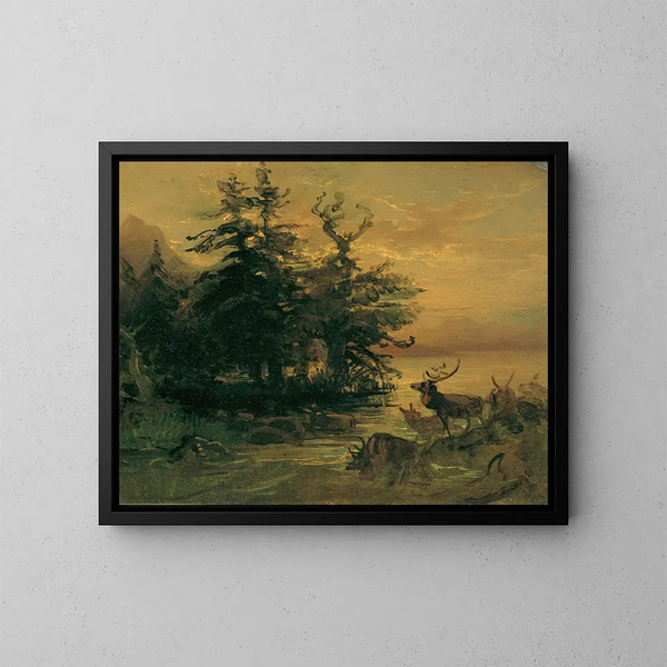 Friedrich August Matthias Gauermann - Bergsee mit ruhenden Hirschen am Ufer eines Bergsees — gerahmtes Bild an der Wand