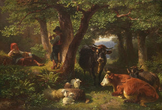 Friedrich Voltz - Hirtenkinder im Wald mit Khen und Schafen.webp
