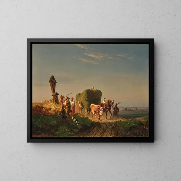 Rückkehr nach Hause nach der Heuernte bei Sonnenuntergang - Friedrich Voltz — gerahmtes Bild an der Wand