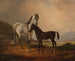 Stute mit Fohlen vor einer weiten Landschaft mit Hügeln - Friedrich Voltz — Ansicht des Kunstwerks
