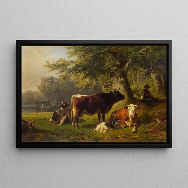 Landschaft mit Weide und jungem Hirten - Friedrich Voltz — gerahmtes Bild an der Wand